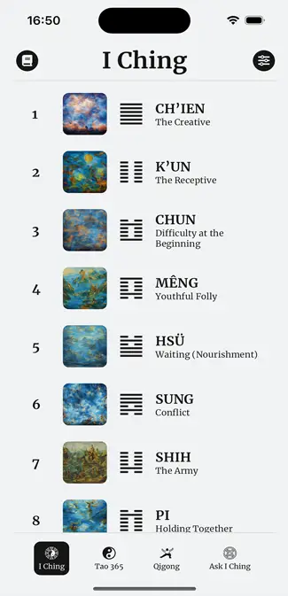 App screenshot showing the I Ching hexagram list for daily guidance