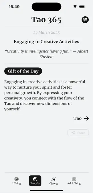 AI Ching app Tao365 reflections section with daily Taoist wisdom